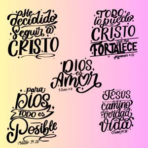 Pack 5 Diseños PNG de lettering negro con fondo transparente; archivos digitales para imprimir.